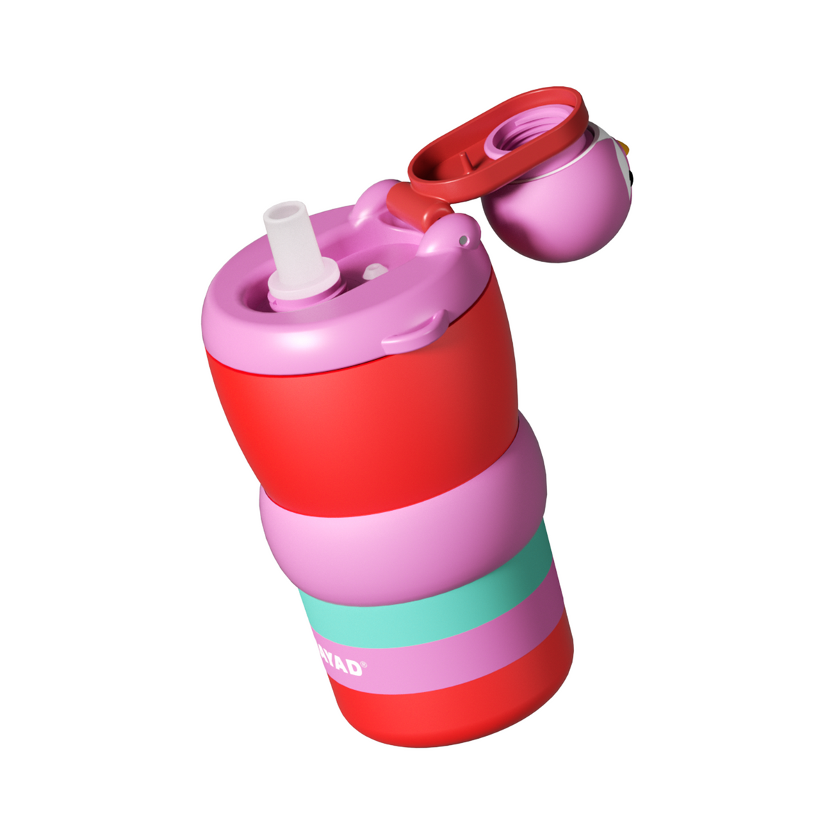 Colorful pink water bottle with straw on a white background