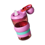 Colorful water bottle with a pink lid and red body on a white background
