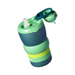 Green and blue water bottle with straw on a white background