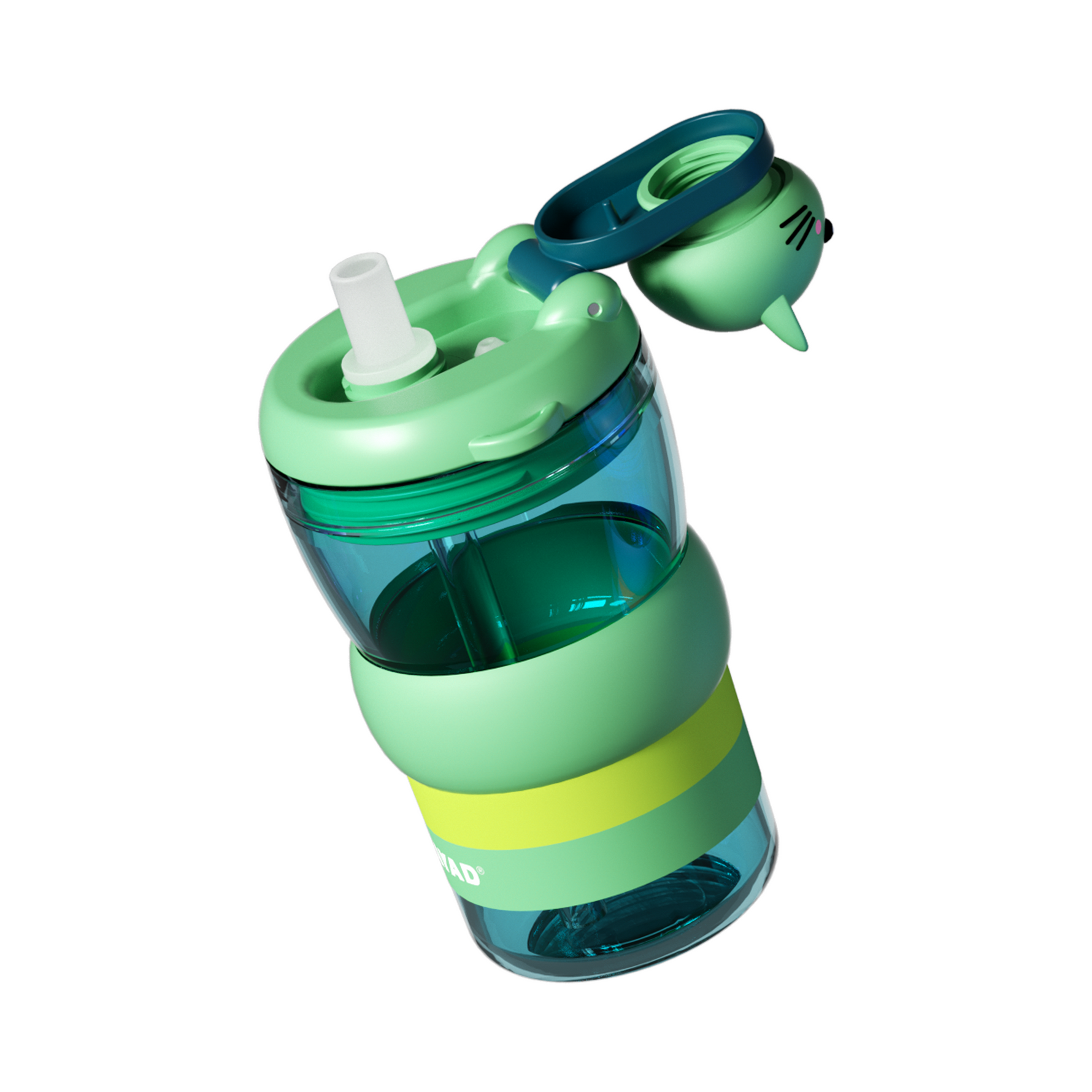 Green and blue children's water bottle with straw on a white background