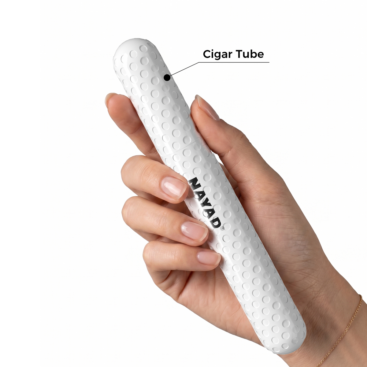 Hand holding a white NAYAD product with 'Cigar Tube' label on a white background