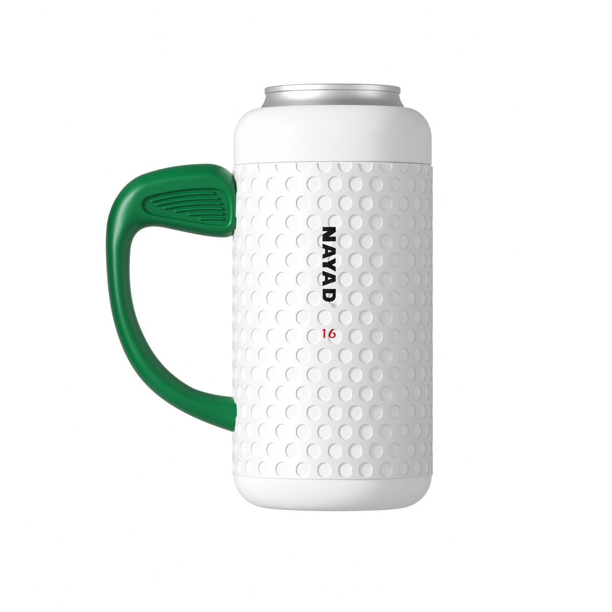 White golf textured mug with green handle and textured surface, featuring the brand 'Nayad'.