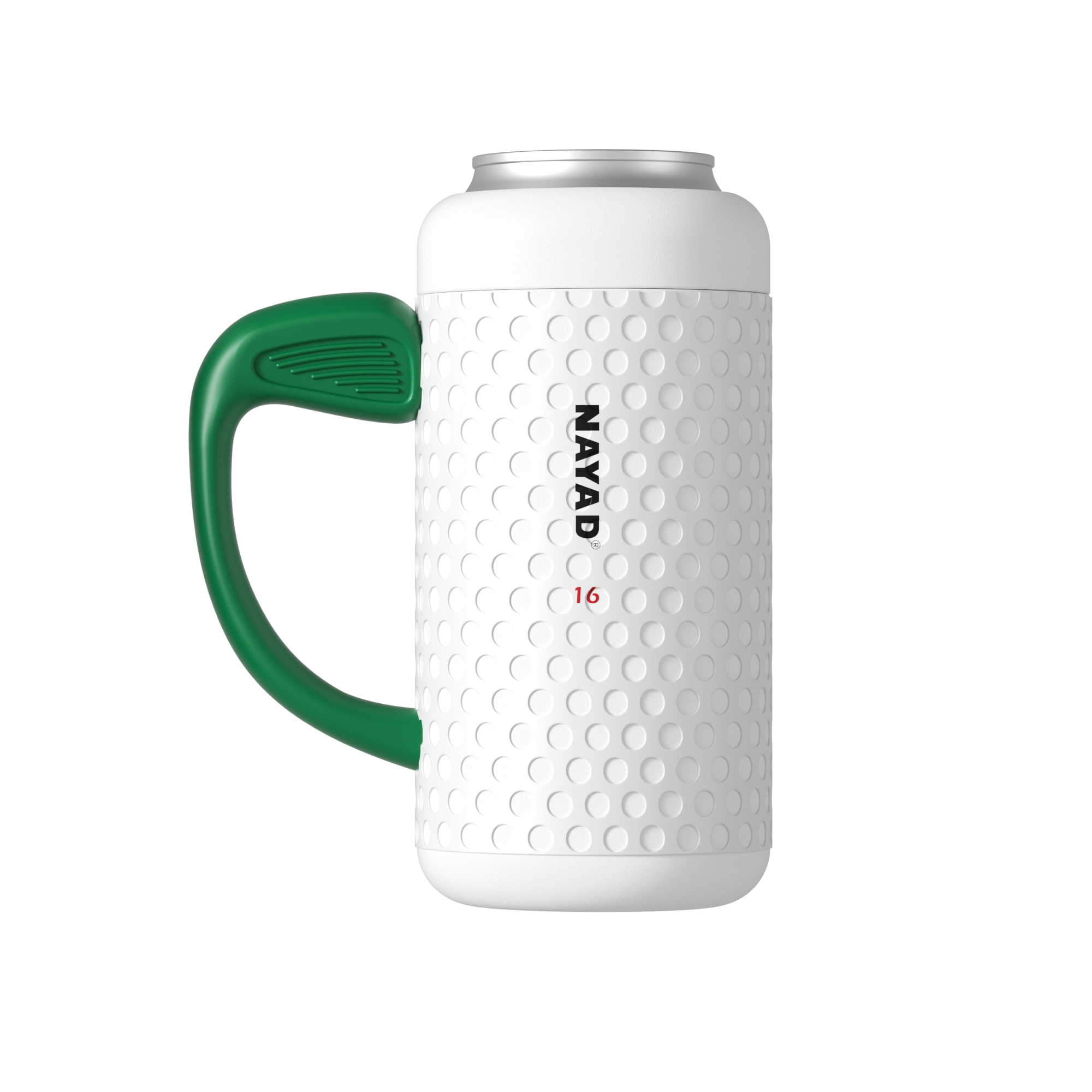 White golf textured mug with green handle and textured surface, featuring the brand 'Nayad'.