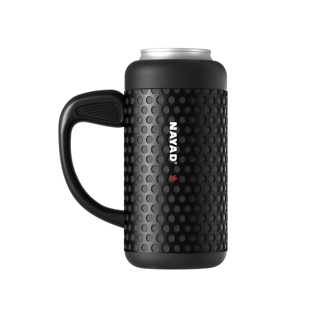 Black golf textured mug with handle and can lid, featuring the brand 'NAYAD'.