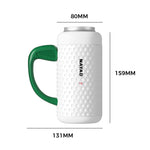 White golf mug with green handle and dimensions labeled on a white background