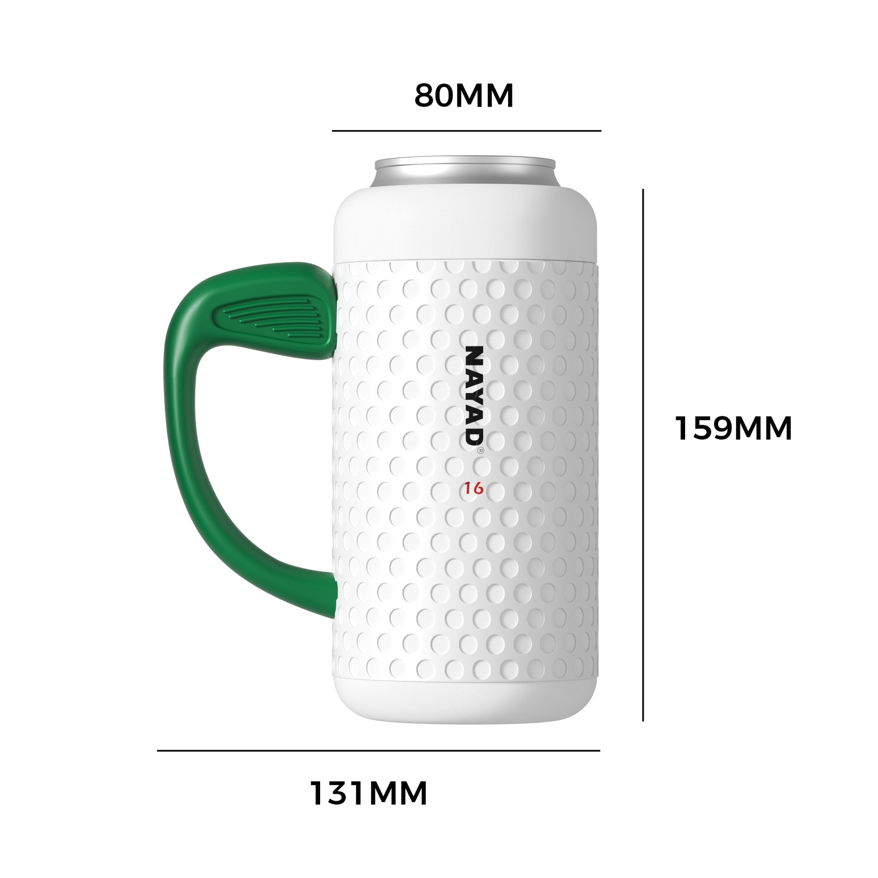 White golf mug with green handle and dimensions labeled on a white background