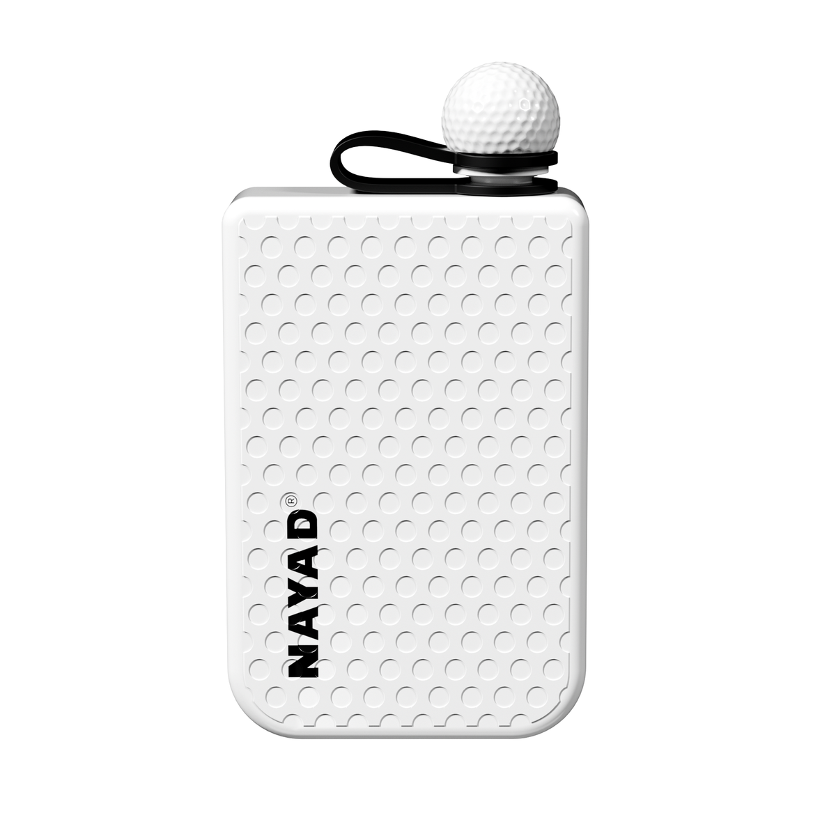 White drinkware tumbler with golf design style with 'NAYAD' branding on a white background