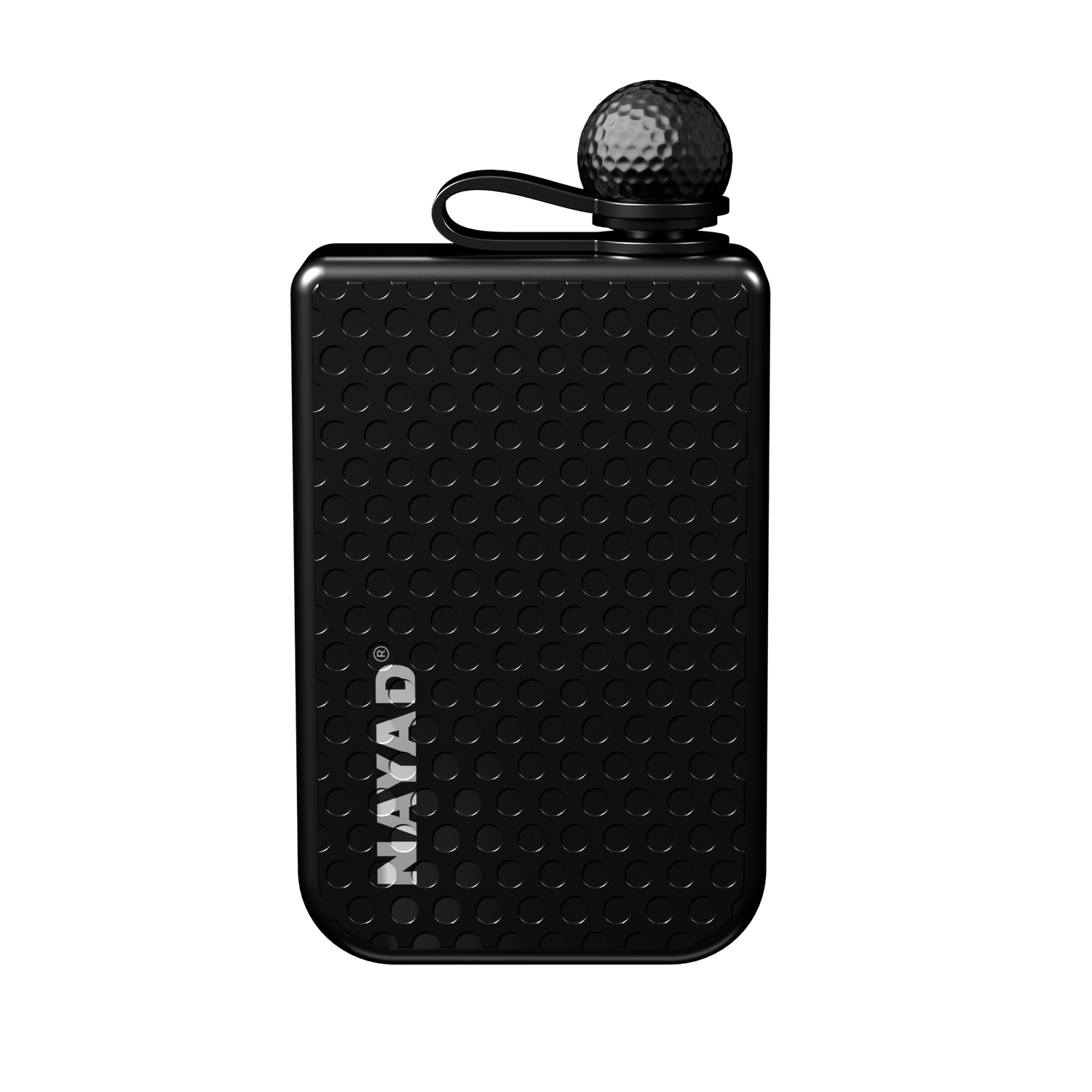 Black drinkware tumbler with golf design style with 'NAYAD' branding on a white background