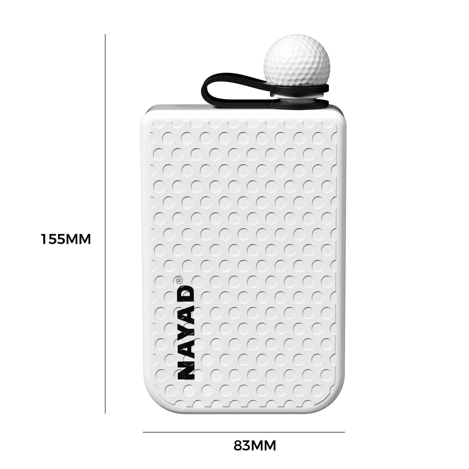 White drinkware tumbler with golf design style with 'NAYAD' branding on a white background with dimensions