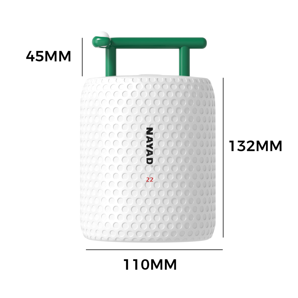 White golf style with green handle and Nayad branding, shown with measurements on a white background.