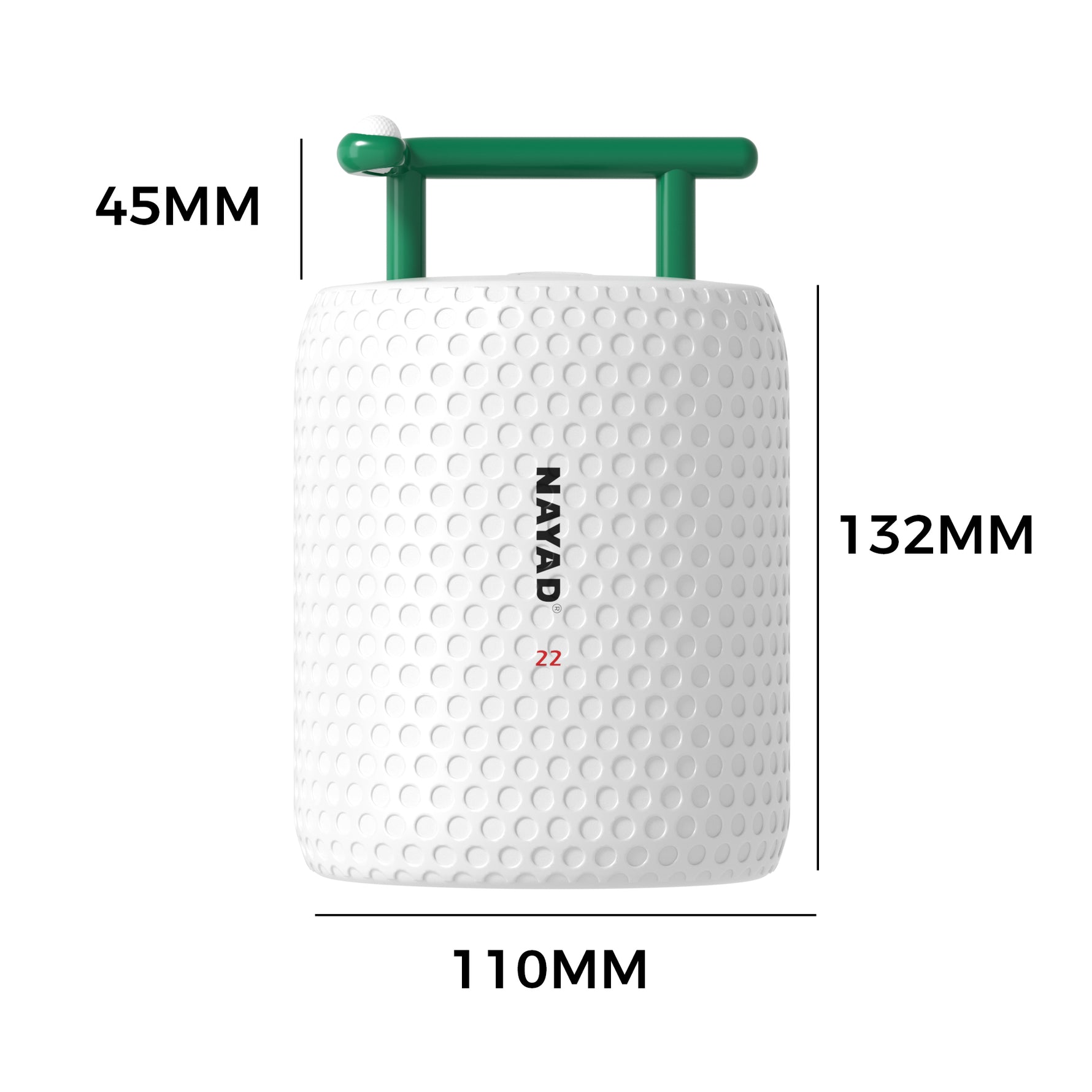 White golf style with green handle and Nayad branding, shown with measurements on a white background.