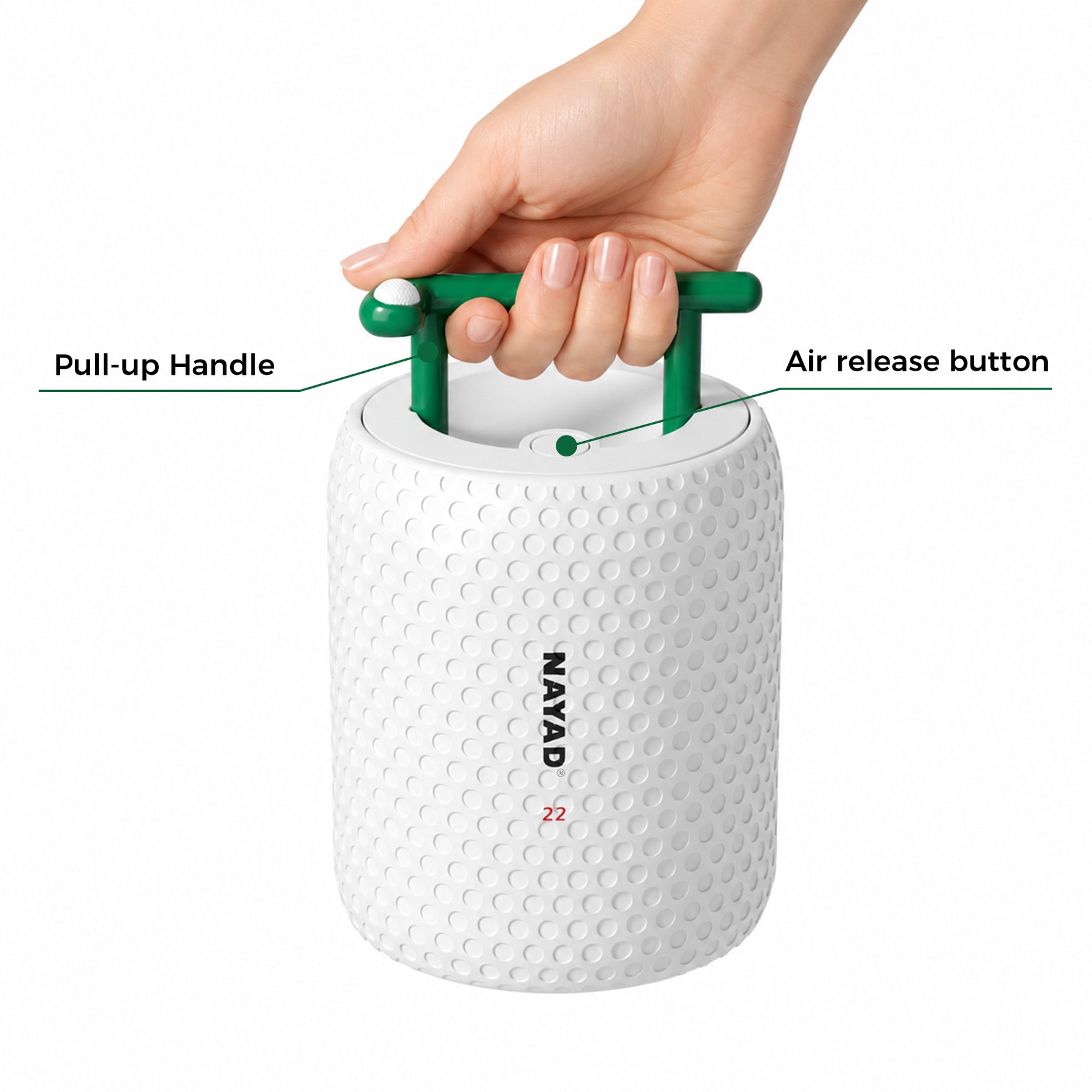 White golf style food jar with a green pull-up handle and air release button, featuring the brand 'nayad'.