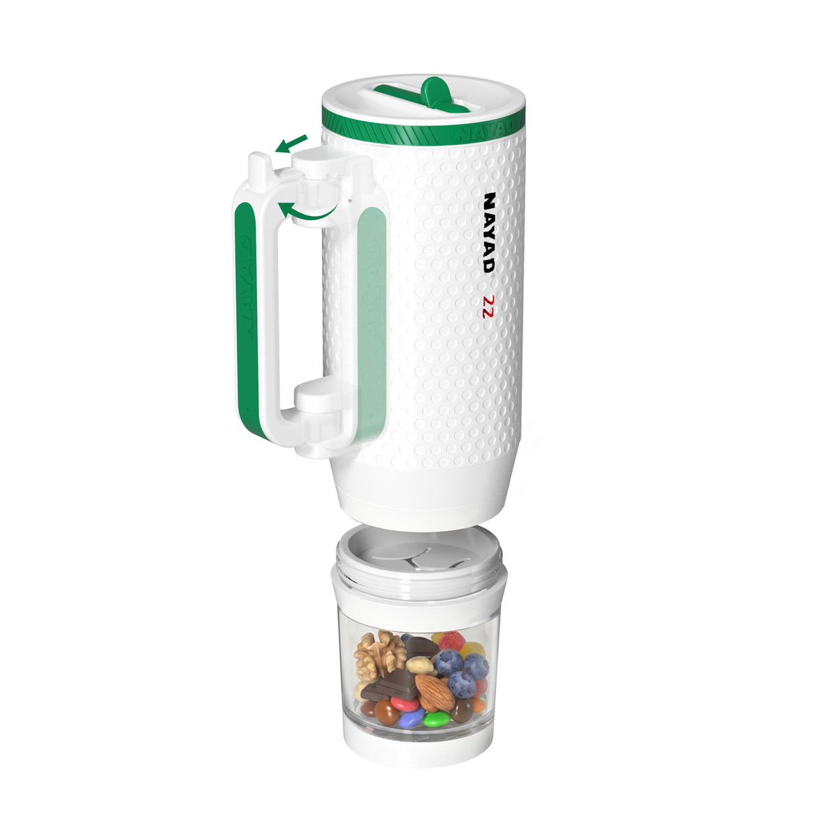 White golf tumbler green handle with a glass container filled with snacks on a white background