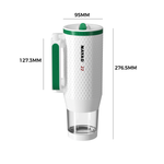 White golf tumbler with green accents and dimensions labeled on a white background