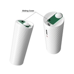 Two white golf ball style tumbler with a sliding cover mechanism on a white background