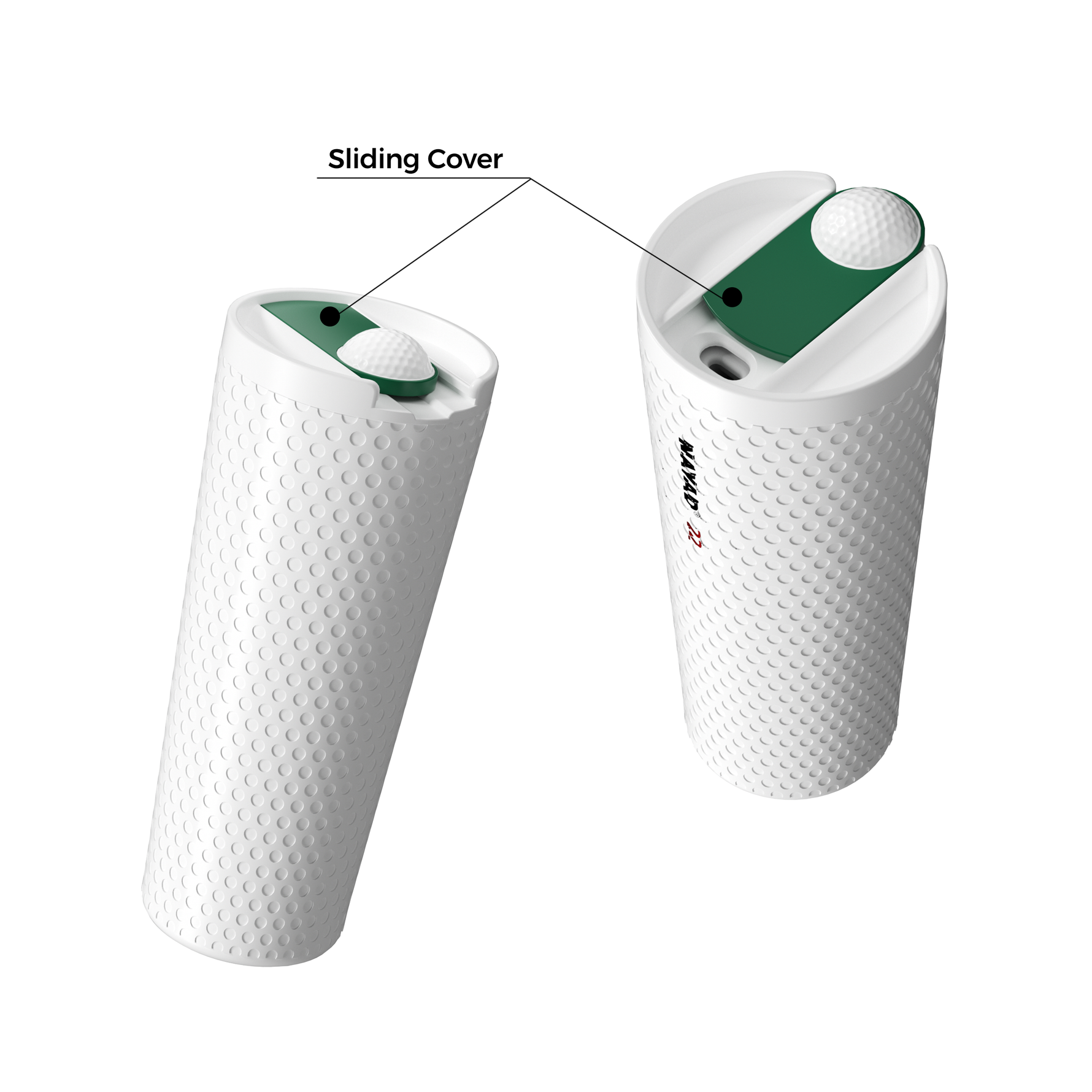 Two white golf ball style tumbler with a sliding cover mechanism on a white background