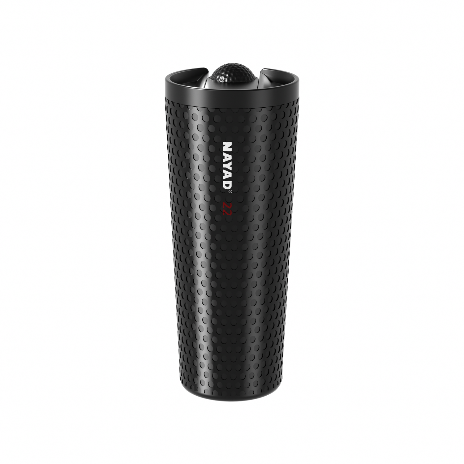 Black textured tumbler with 'NAYAD' branding on a white background