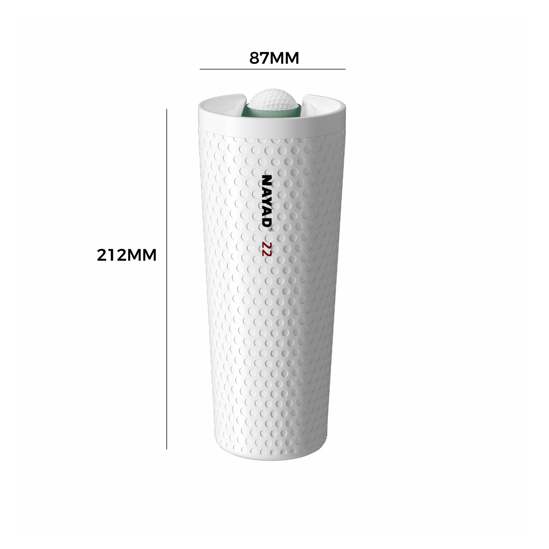 White textured container with a golf ball inside, showing dimensions on a white background