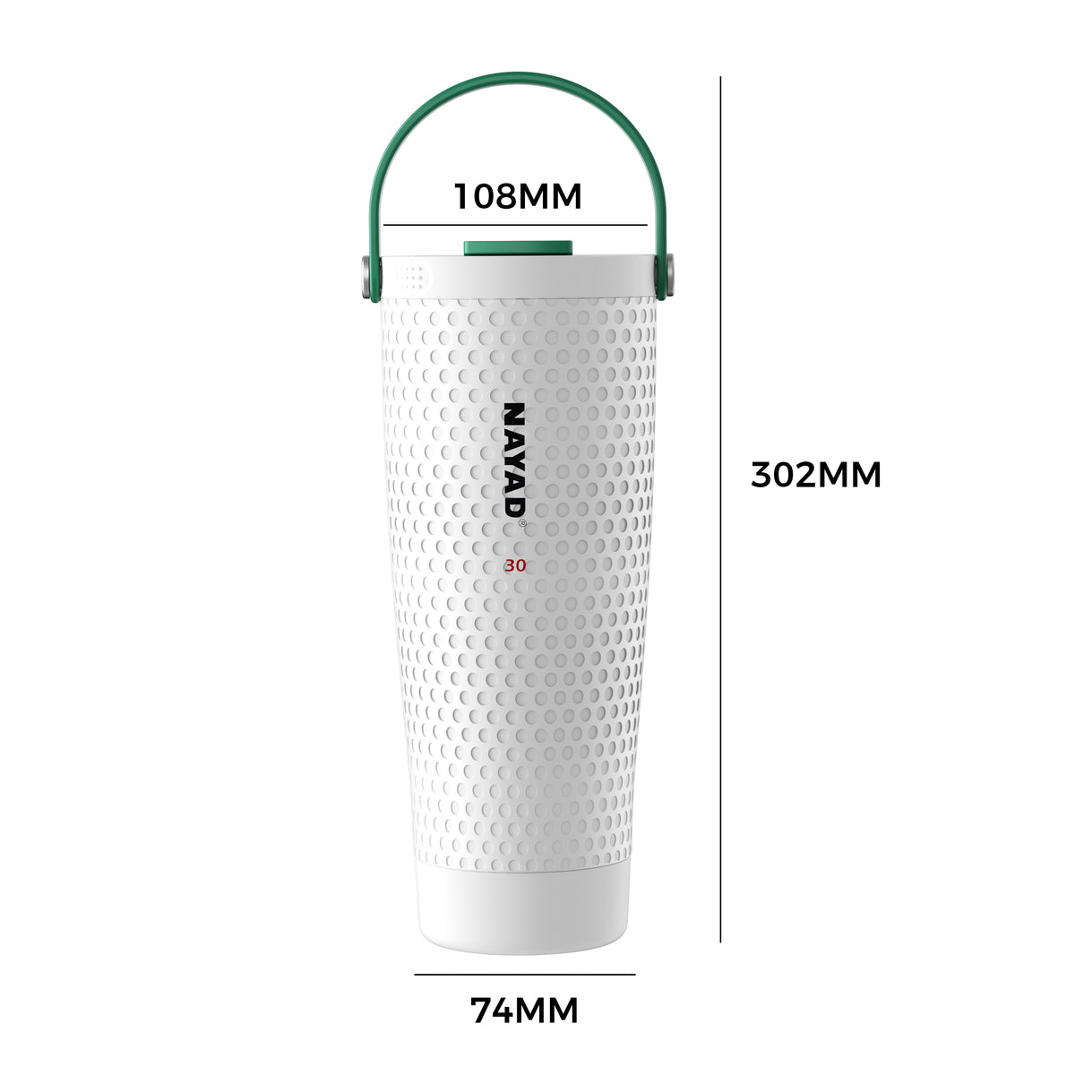 White golf tumbler water bottle with green handle and measurement details on a white background
