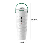 White golf tumbler water bottle with green handle and measurement details on a white background
