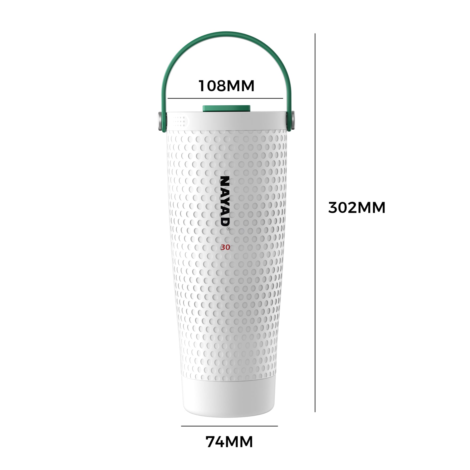 White golf tumbler water bottle with green handle and measurement details on a white background
