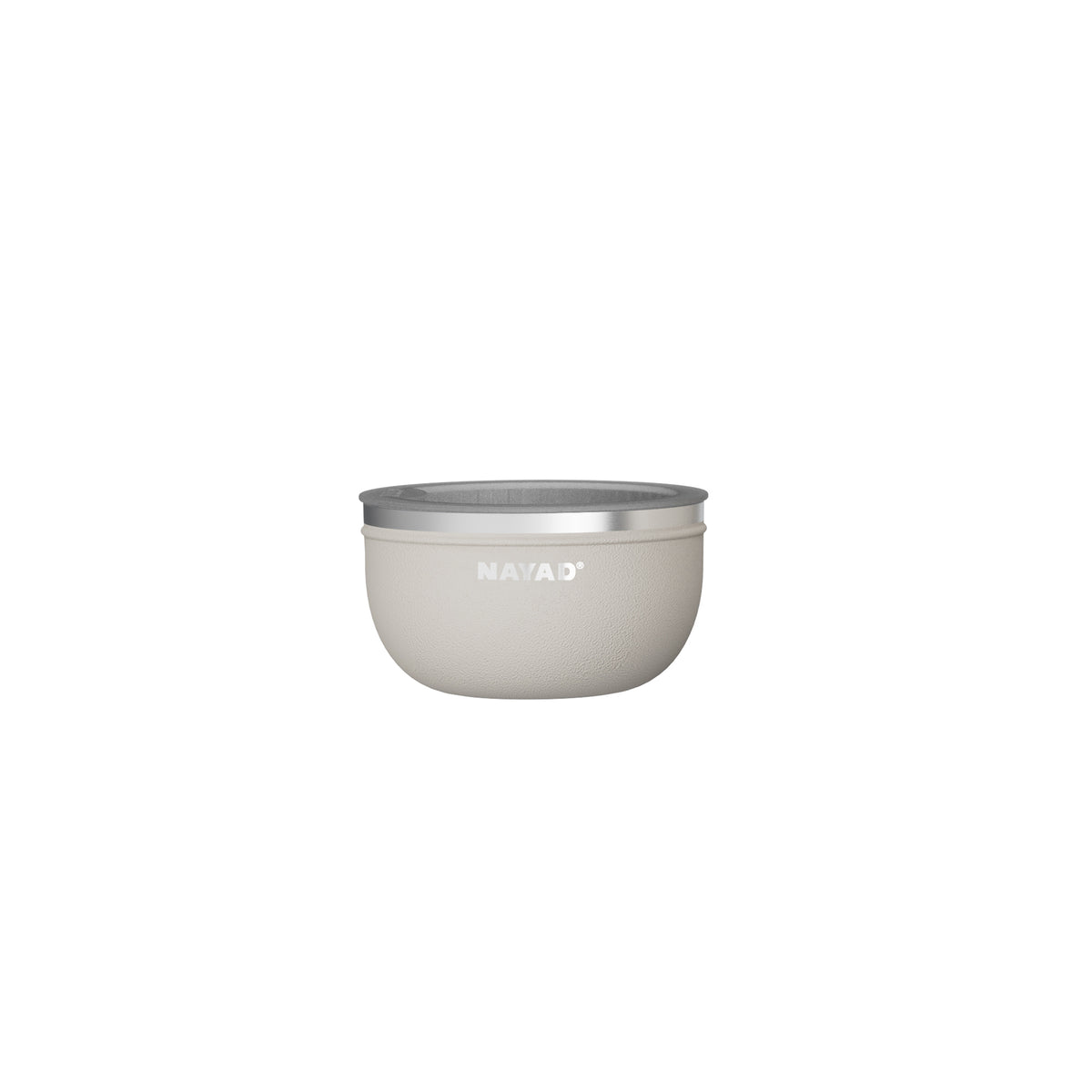 Small Salad Bowl Grey/Biege with silver rim and 'NAYAD' branding on a white background