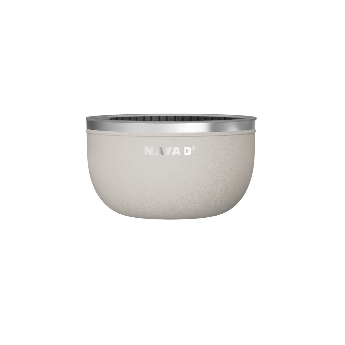 Large Grey/Beiege Bowl with silver rim and 'NAYAD' branding on a white background