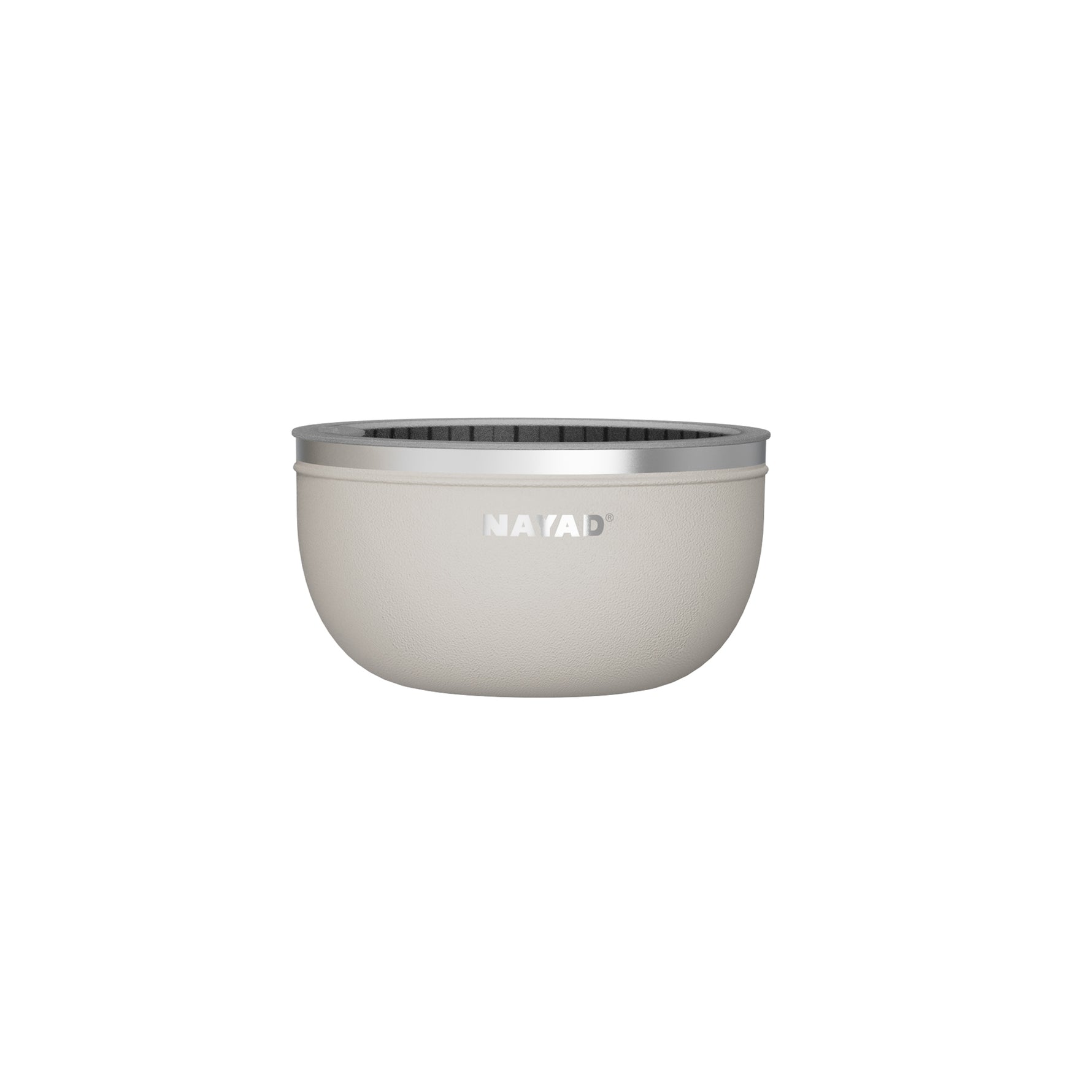 Medium Salad Bowl Grey/Biege with silver rim and 'NAYAD' branding on a white background