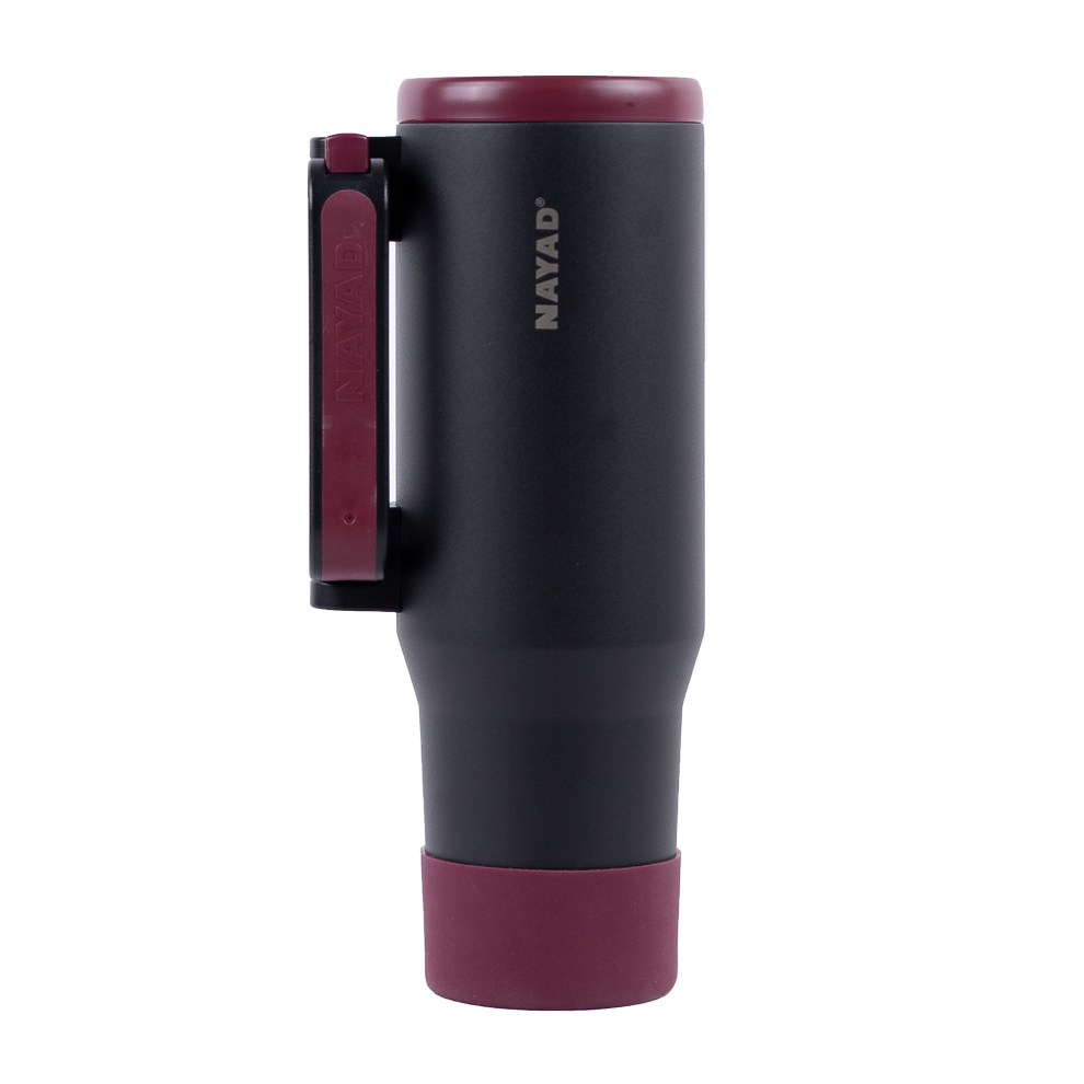 Black and burgundy travel mug with 'Nayad' branding on a white background