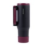 Black and burgundy travel mug with 'Nayad' branding on a white background