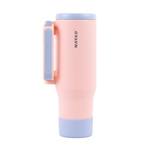 Pink and light blue travel mug with 'Nayad' branding on a white background