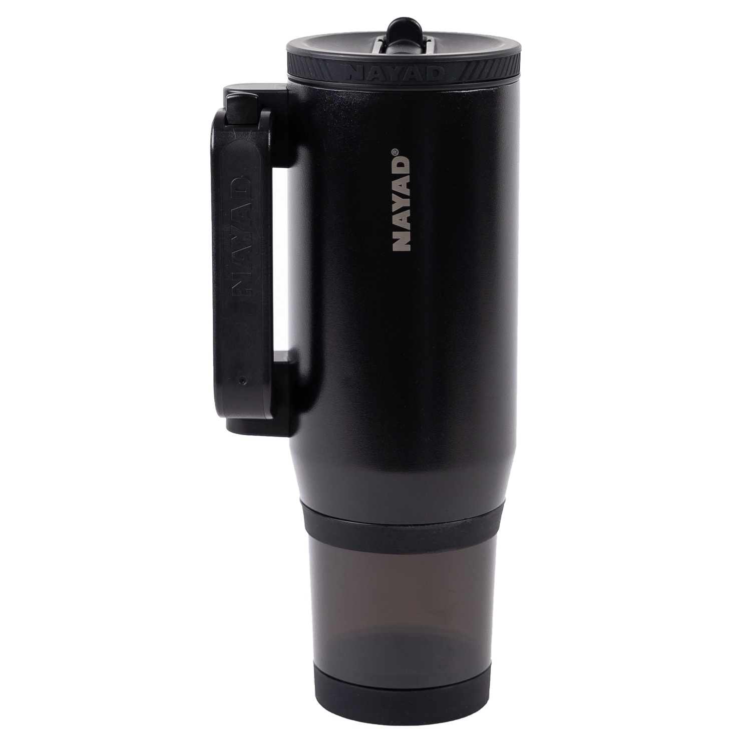 Black tumbler mug with handle on a white background