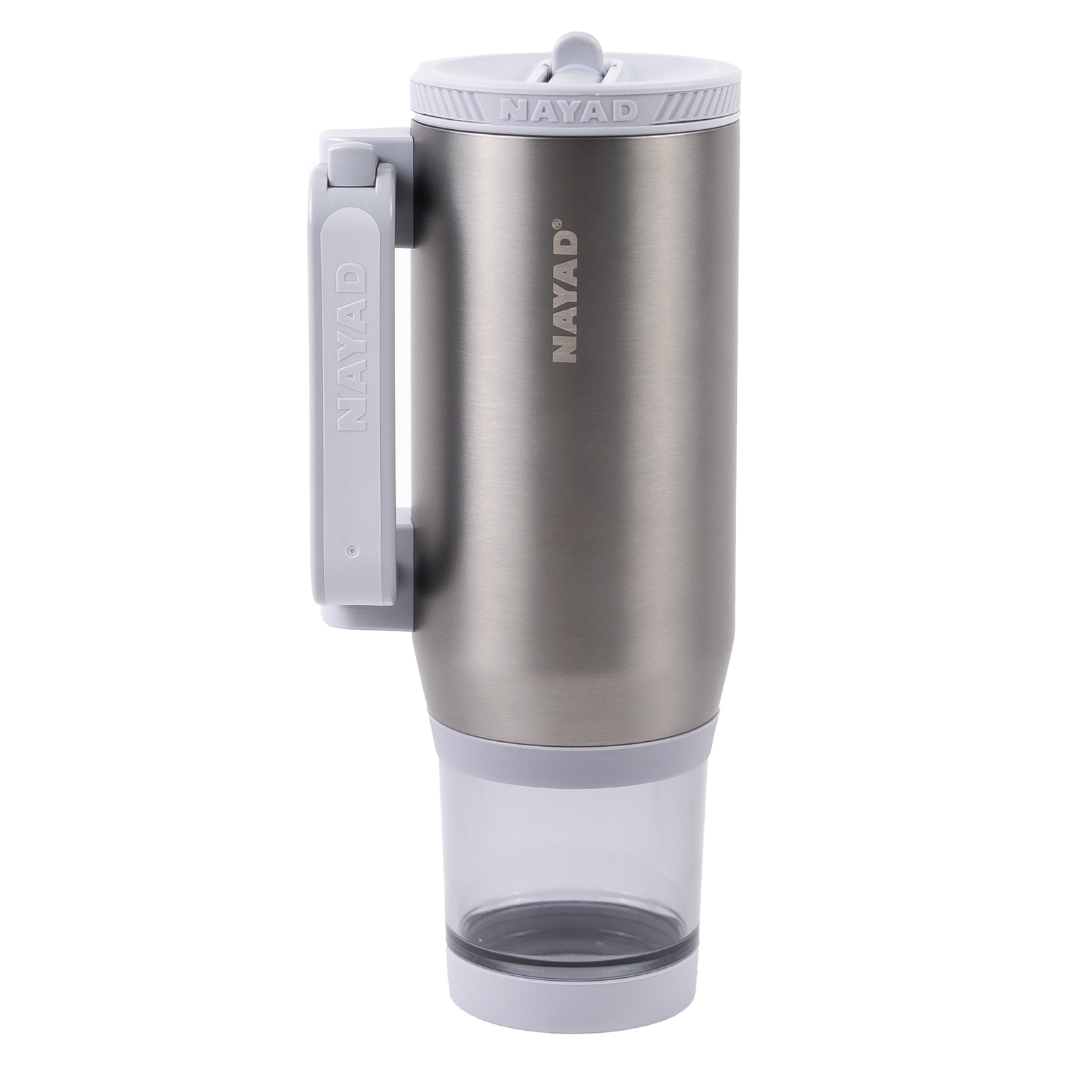 Stainless steel travel mug with handle on a white background