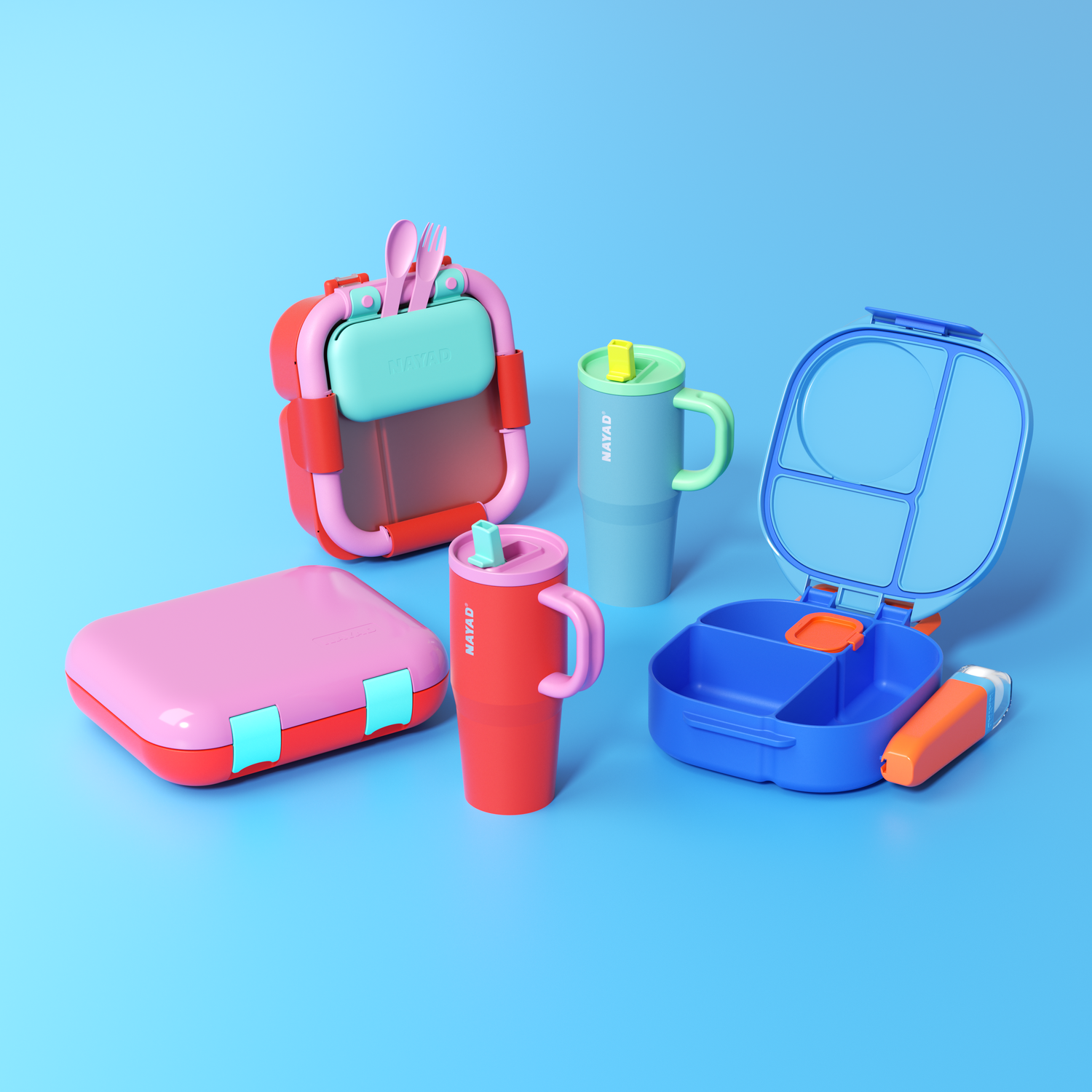 Colorful lunch box set with containers, cups, and a fork on a blue background