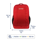 Red NAYAD backpack with black side panels and white logo text, shown with blue dimension arrows and measurements for height, width, and depth on a white background.