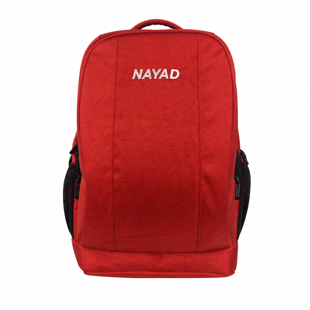 A red fabric backpack with black side pockets and the brand name 'NAYAD' printed in white on the front, shown against a plain white background.