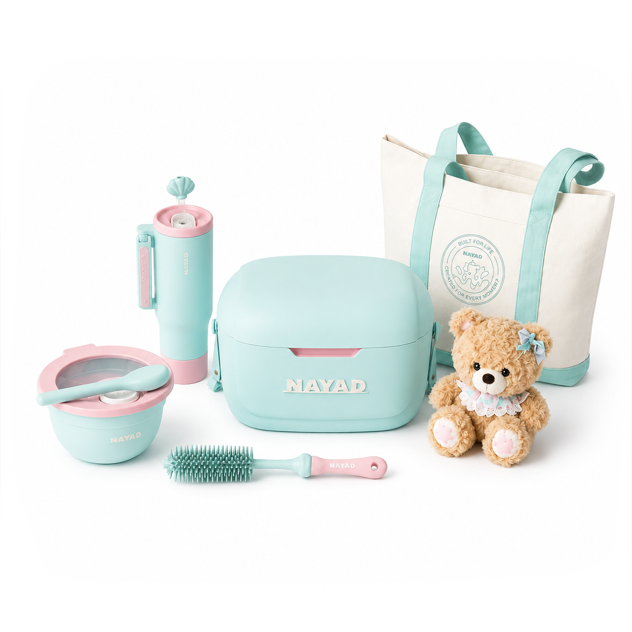 PEB including a teddy bear, bag, and various items on a white background.