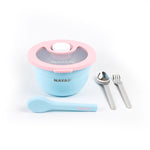 Nayad food container with pink lid, spoon, and fork set on a white background