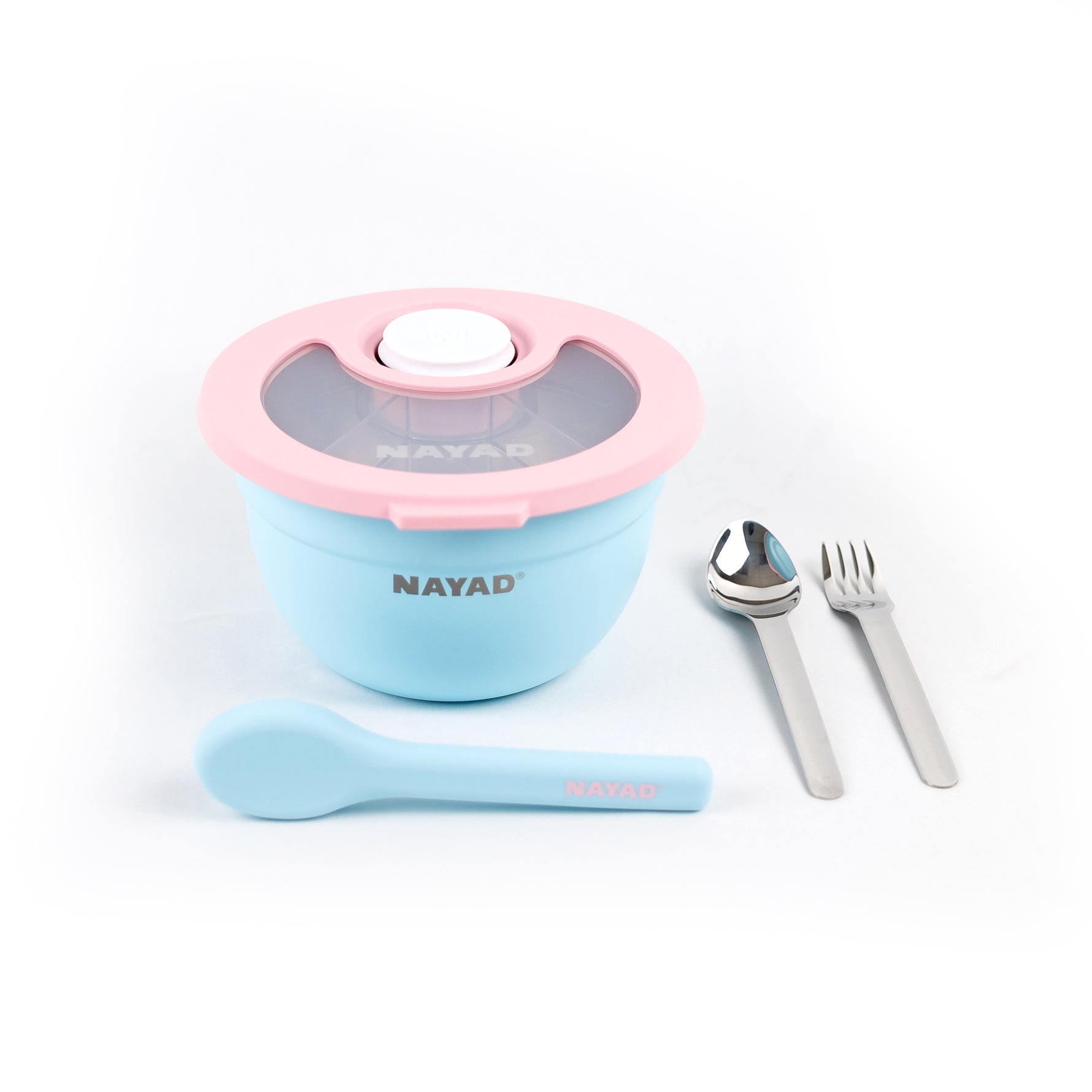 Nayad food container with pink lid, spoon, and fork set on a white background