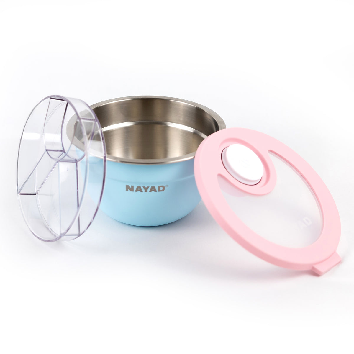 Nayad stainless steel container with blue base and pink lid on a white background