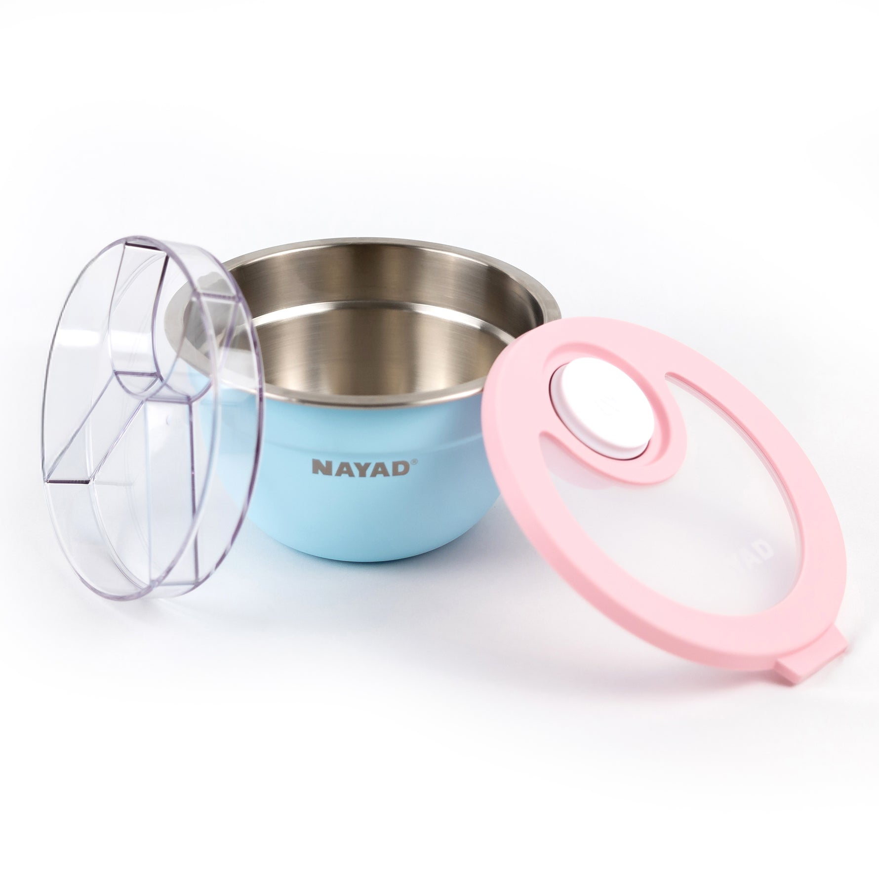 Nayad stainless steel container with blue base and pink lid on a white background