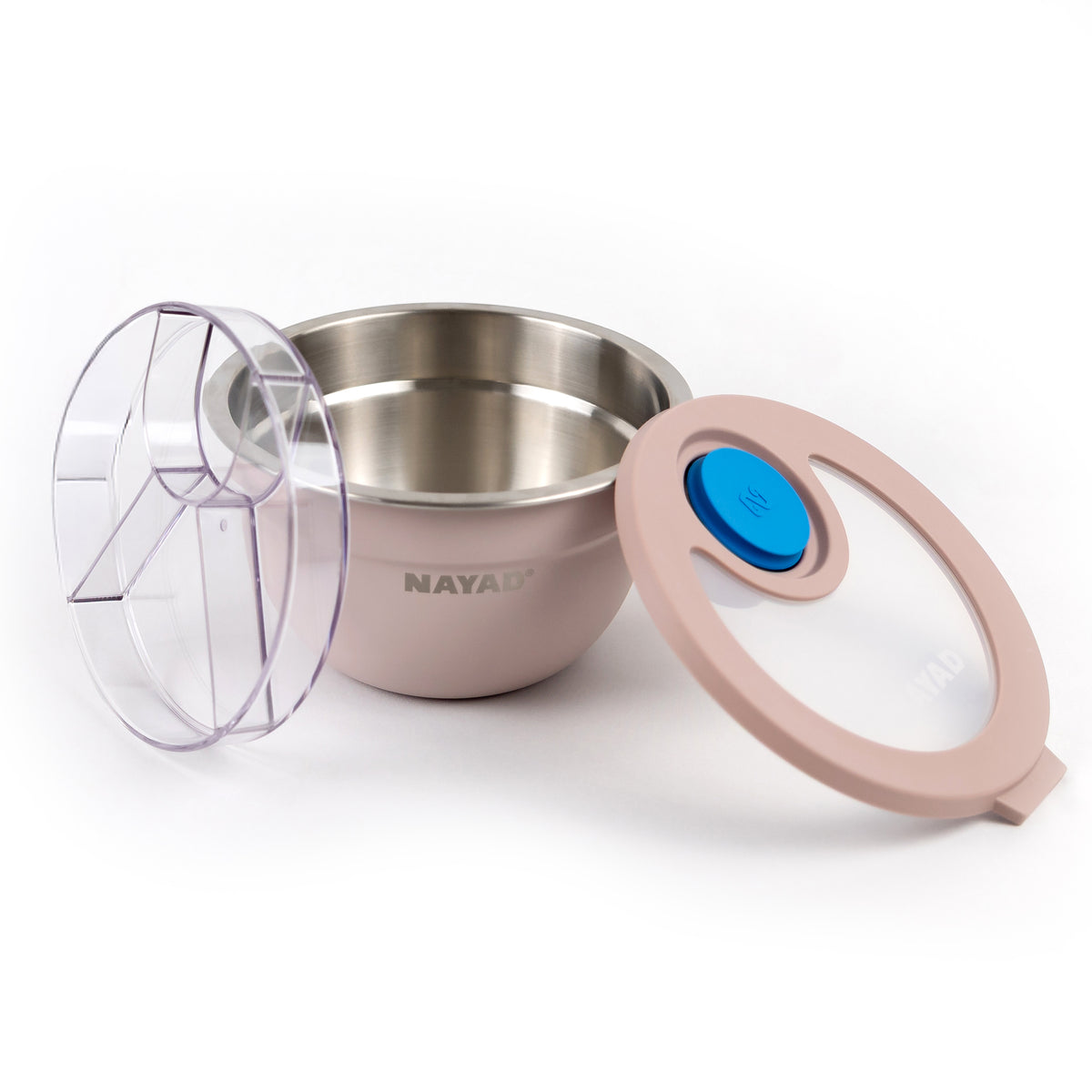 Stainless steel bowl with pink lid and blue salad dressing container on a white background