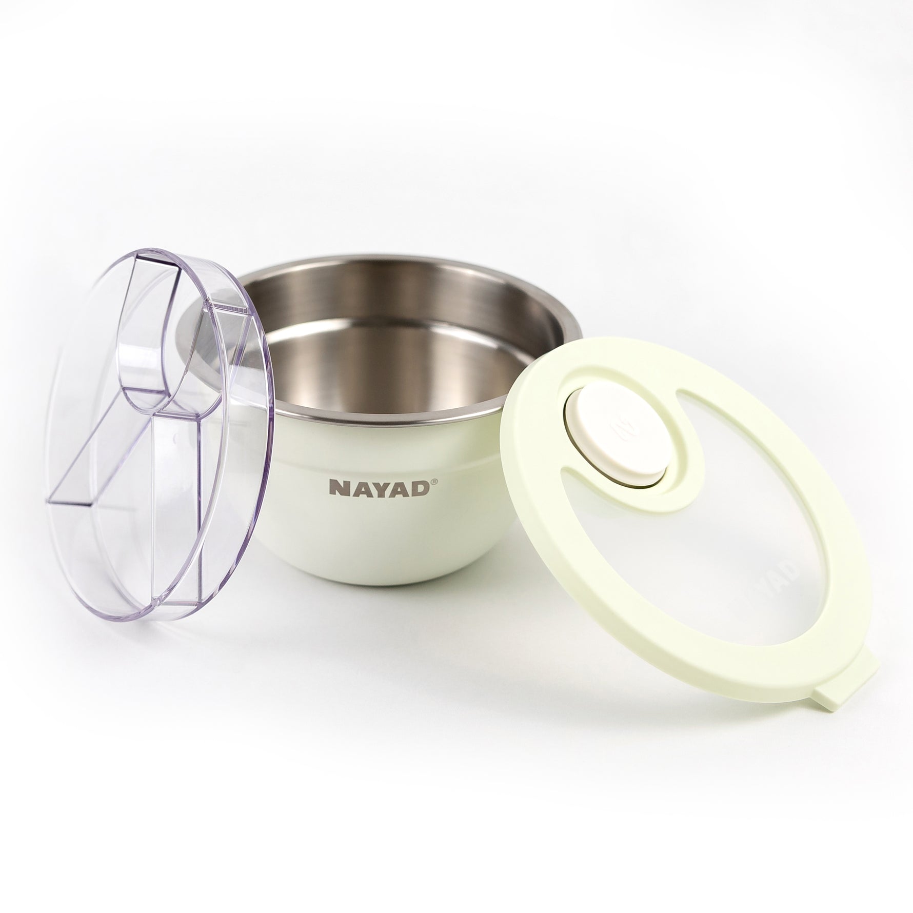 Nayad stainless steel container with a white lid on a white background