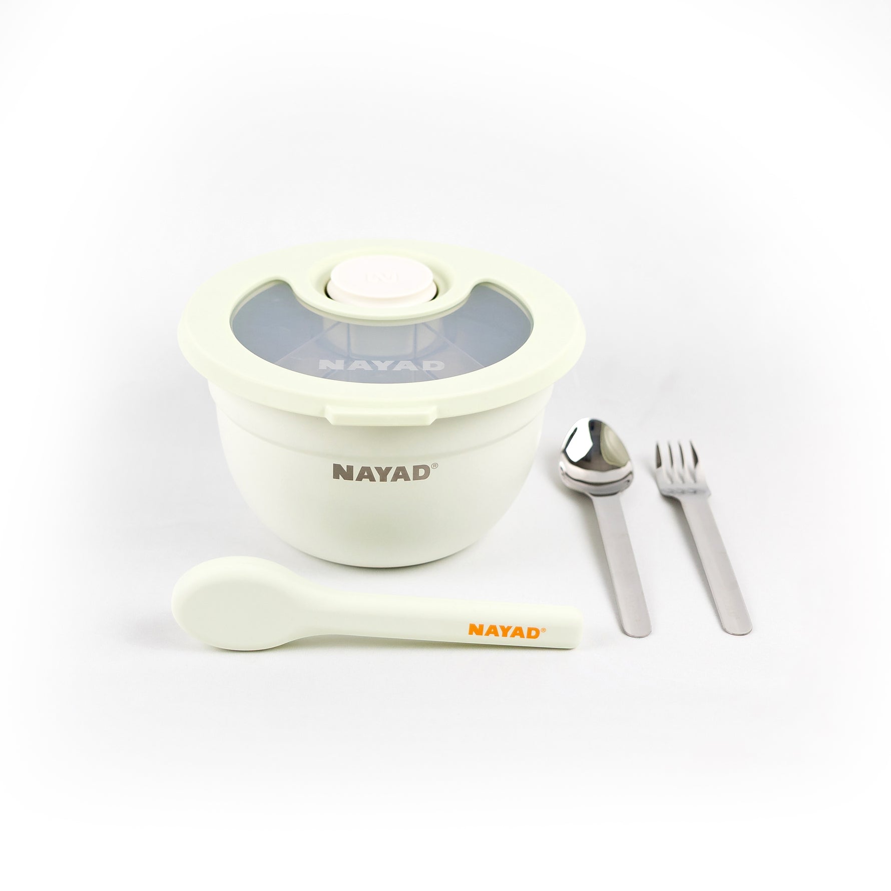 Nayad food container set with spoon, fork, and knife on a white background