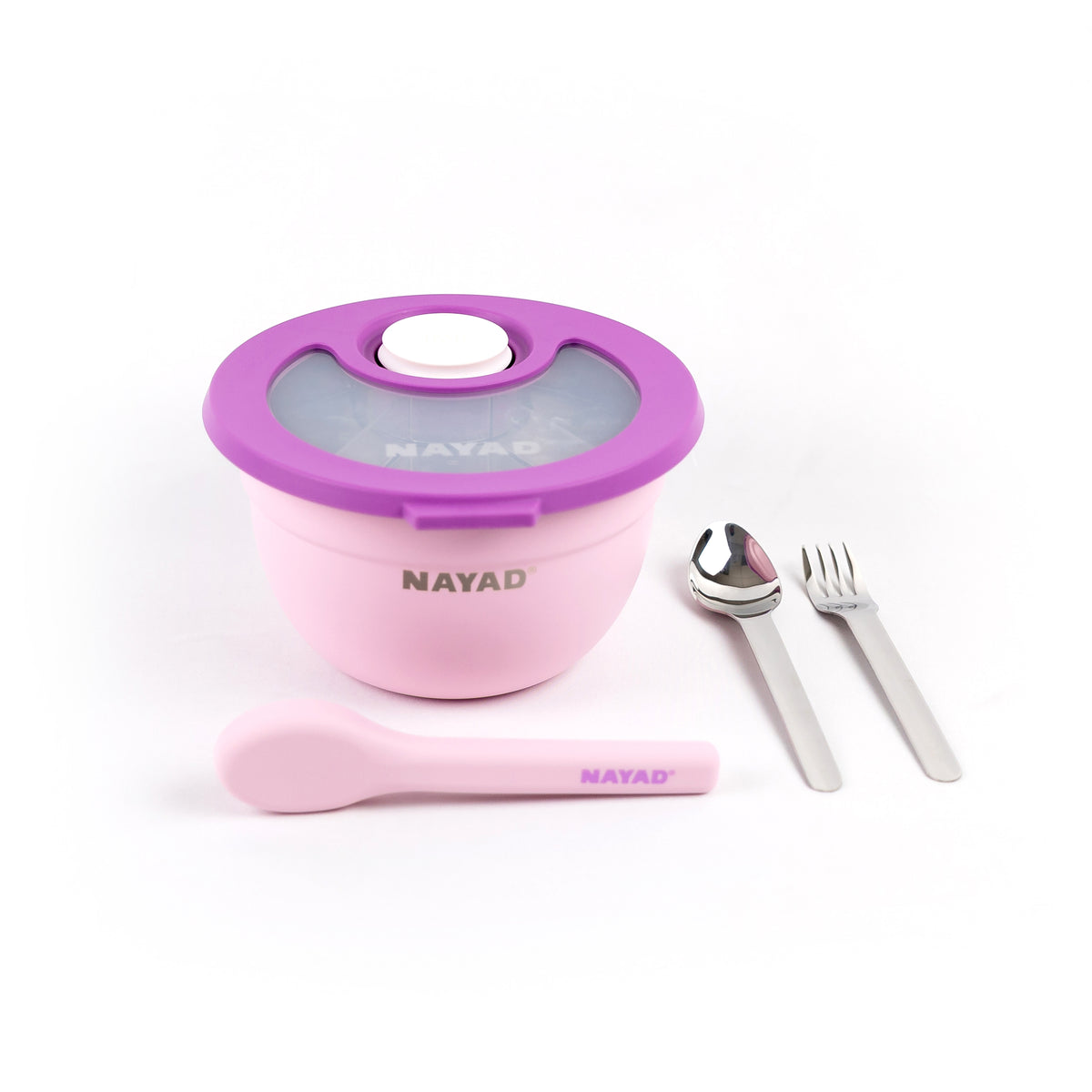 Pink and purple Nayad salad bowl with utensils on a white background