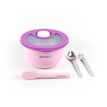 Pink and purple Nayad salad bowl with utensils on a white background