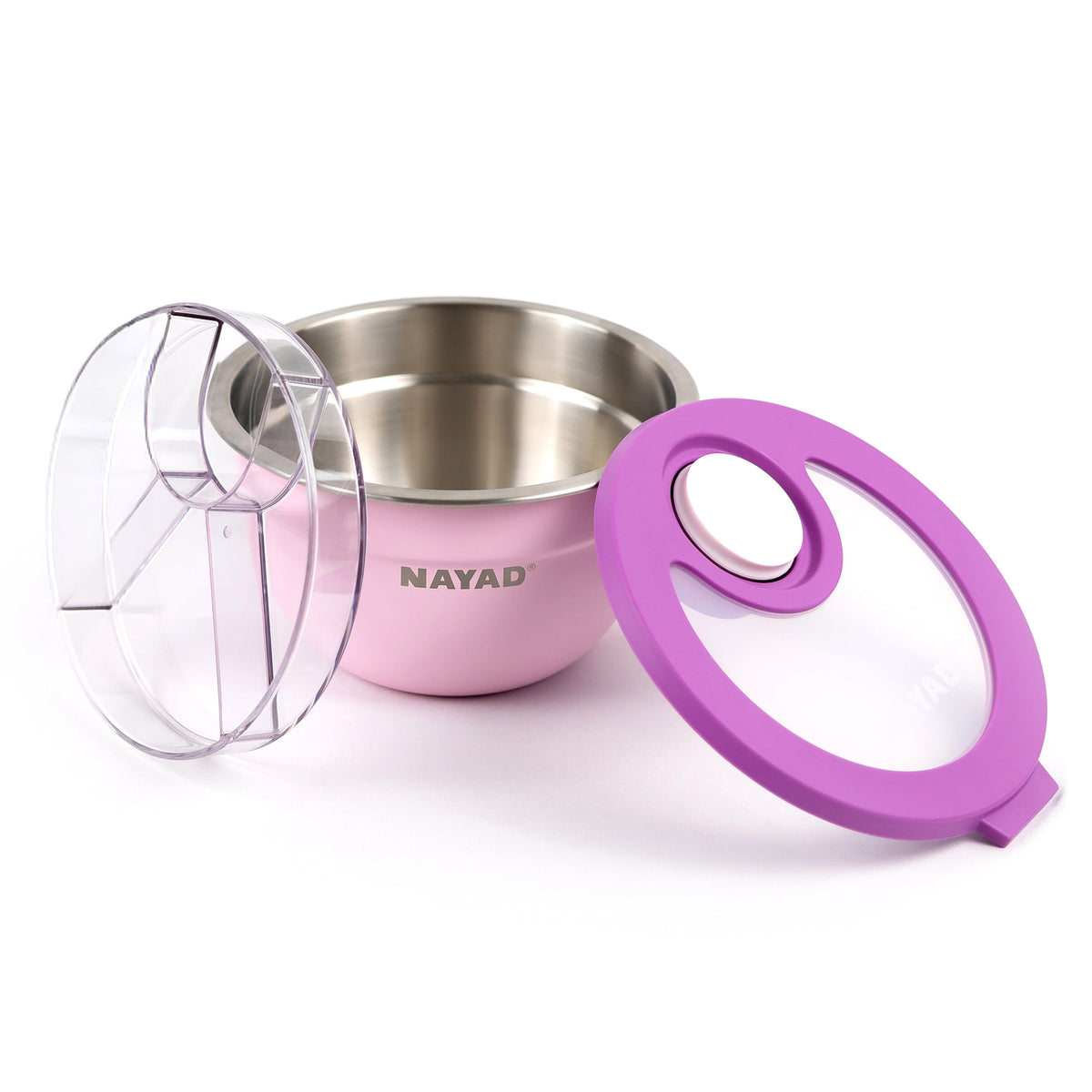 Pink and silver container with a purple lid on a white background