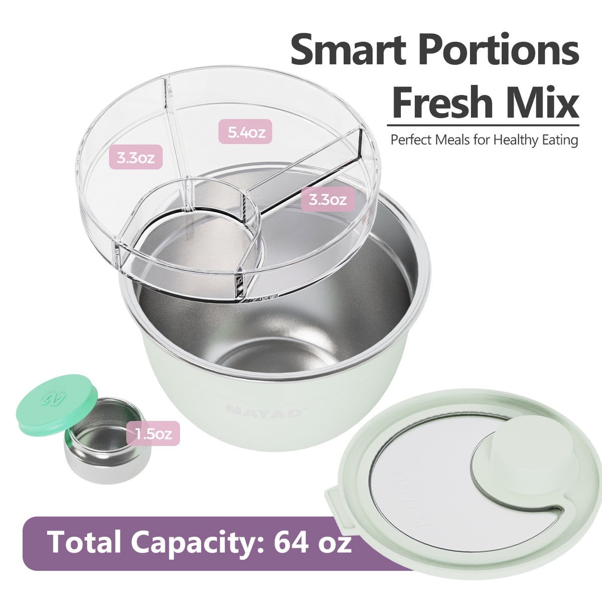 A smart portioning container set with a stainless steel bowl, clear compartment , mint green lid, and small sauce container, shown on a white background with text reading 'Smart Portions Fresh Mix' and 'Total Capacity: 64 oz'.