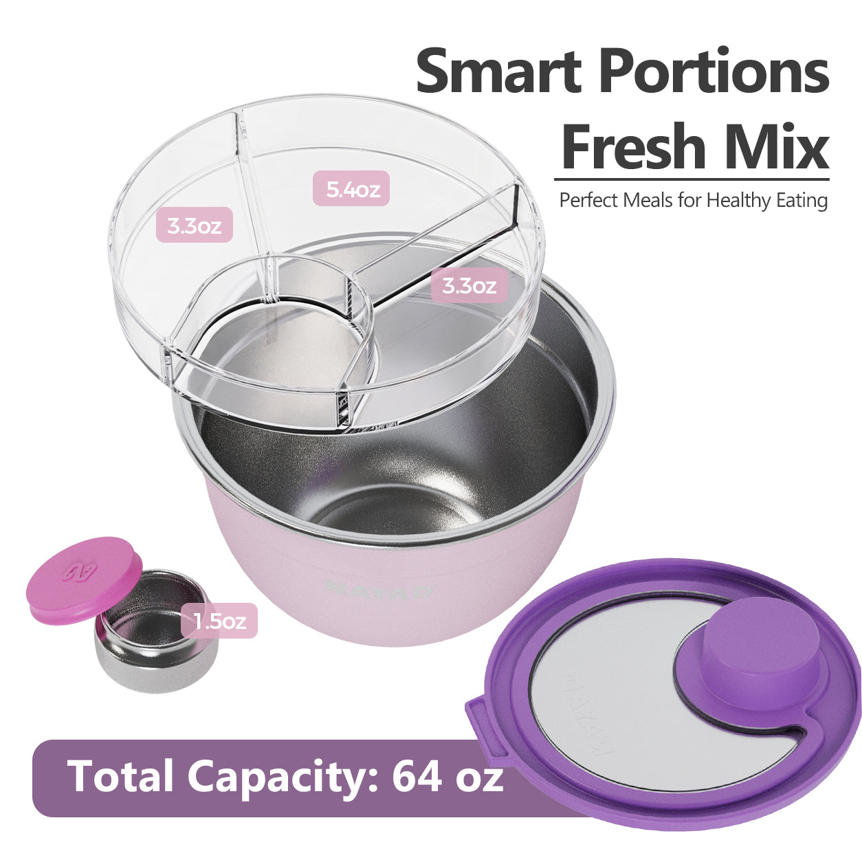 A pink smart portioning container set with a clear divided lid, purple lid, and small separate container, shown on a white background with text reading 'Smart Portions Fresh Mix' and 'Total Capacity: 64 oz'.
