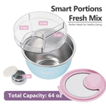 A light blue stainless steel smart portion container with a clear compartment, shown with its pink lid, small separate container, and text overlays reading 'Smart Portions Fresh Mix' and 'Total Capacity: 64 oz'.